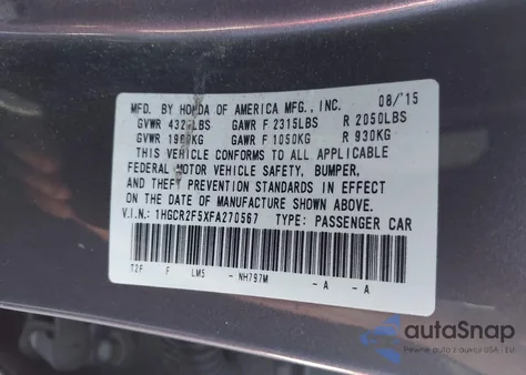 2015 Honda Accord Sport z USA, uszkodzony, nr VIN 1HGCR2F5XFA270567